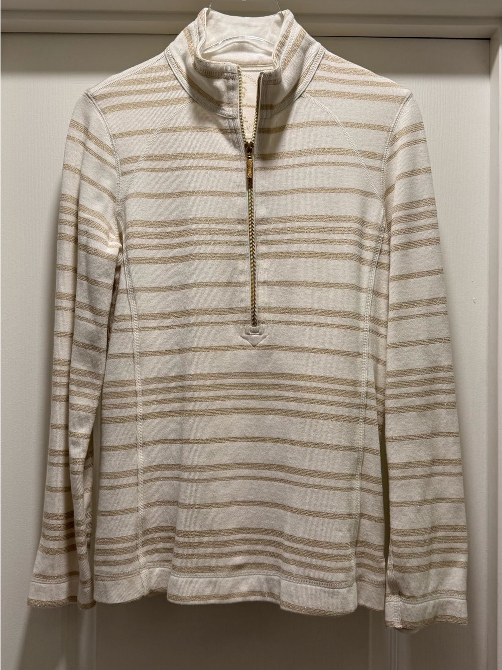 Tommy Bahama Cream and Tan Striped Half-Zip Turtleneck Sweater